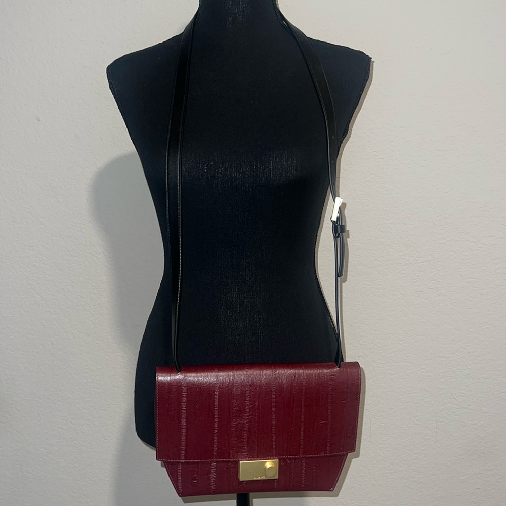 All Saints Burgundy Crossbody Bag with Black Strap